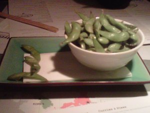 Edamame beans with salt n chilli, OK so forgot to take a pic of the prawn skewers, but will return and get one of the platter in the name of research!